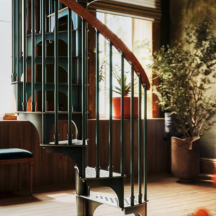 American Industrial Spiral series staircase in a moody library setting
