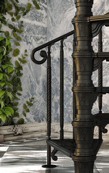 Bronze Victorian spiral staircase handrail with curled scroll end and twisted spindles