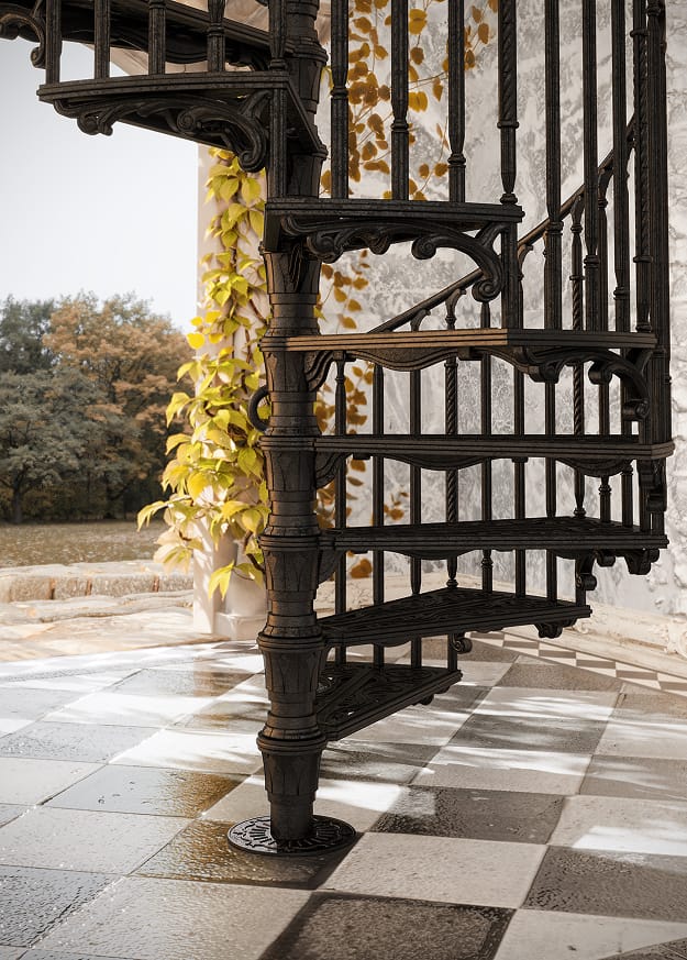 Close-up of Victorian spiral staircase with ornate metal scrollwork