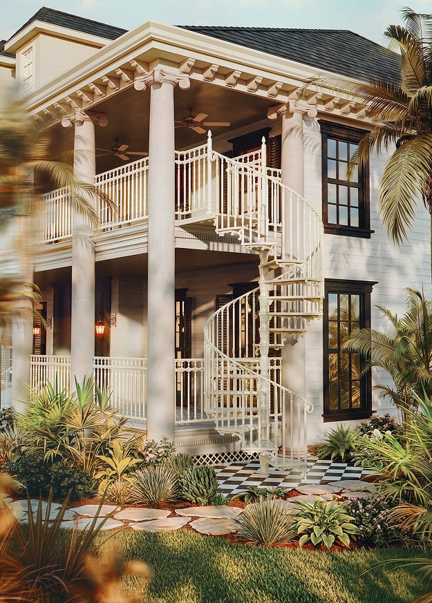 Exterior Victorian spiral staircase on a white columned porch