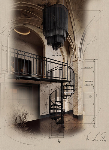 Sketch drawing of a Victorian spiral staircase with ornate scrollwork railing, set beneath a vaulted ceiling with structural dimension annotations