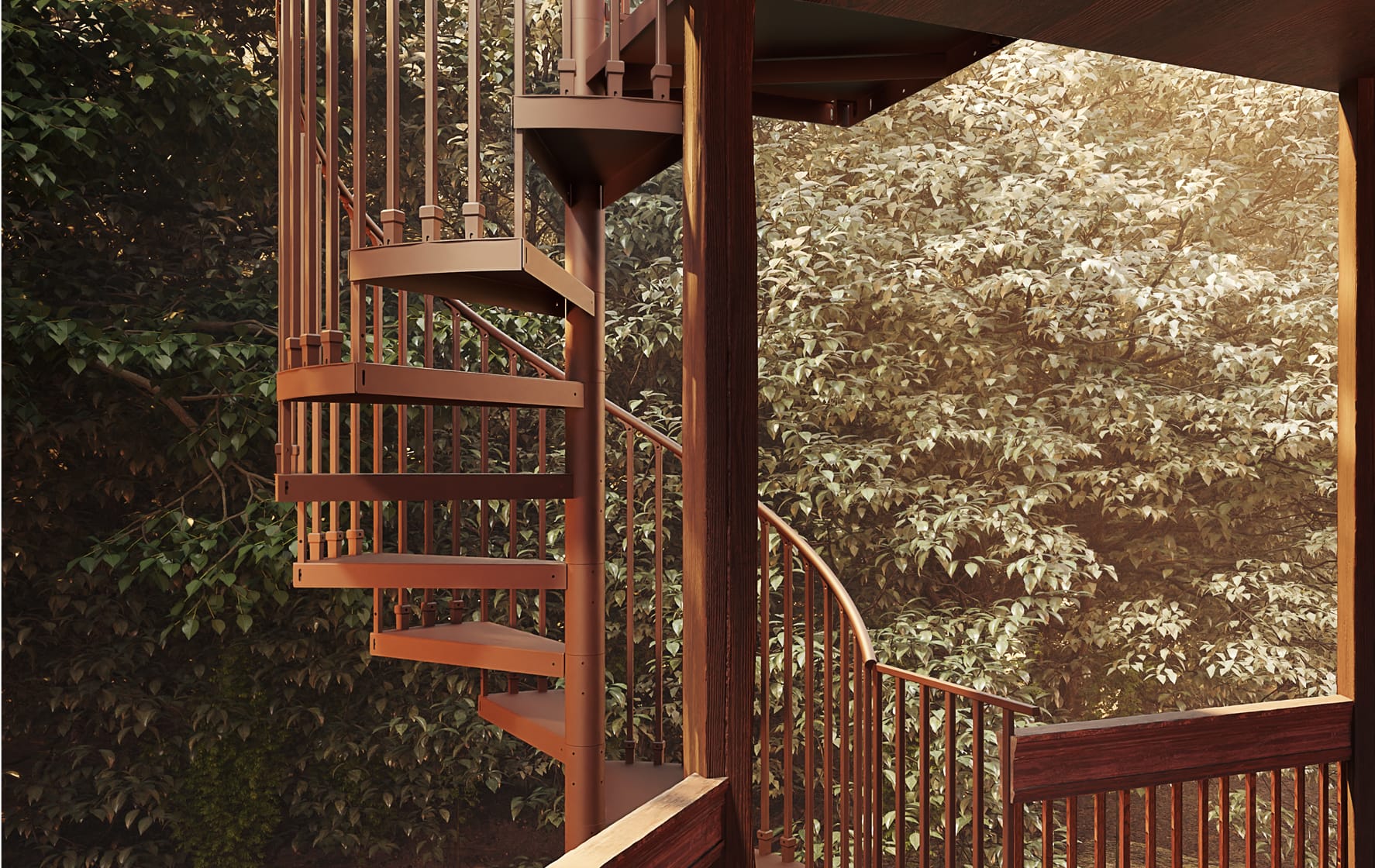 Outdoor spiral staircase with wood composite treads