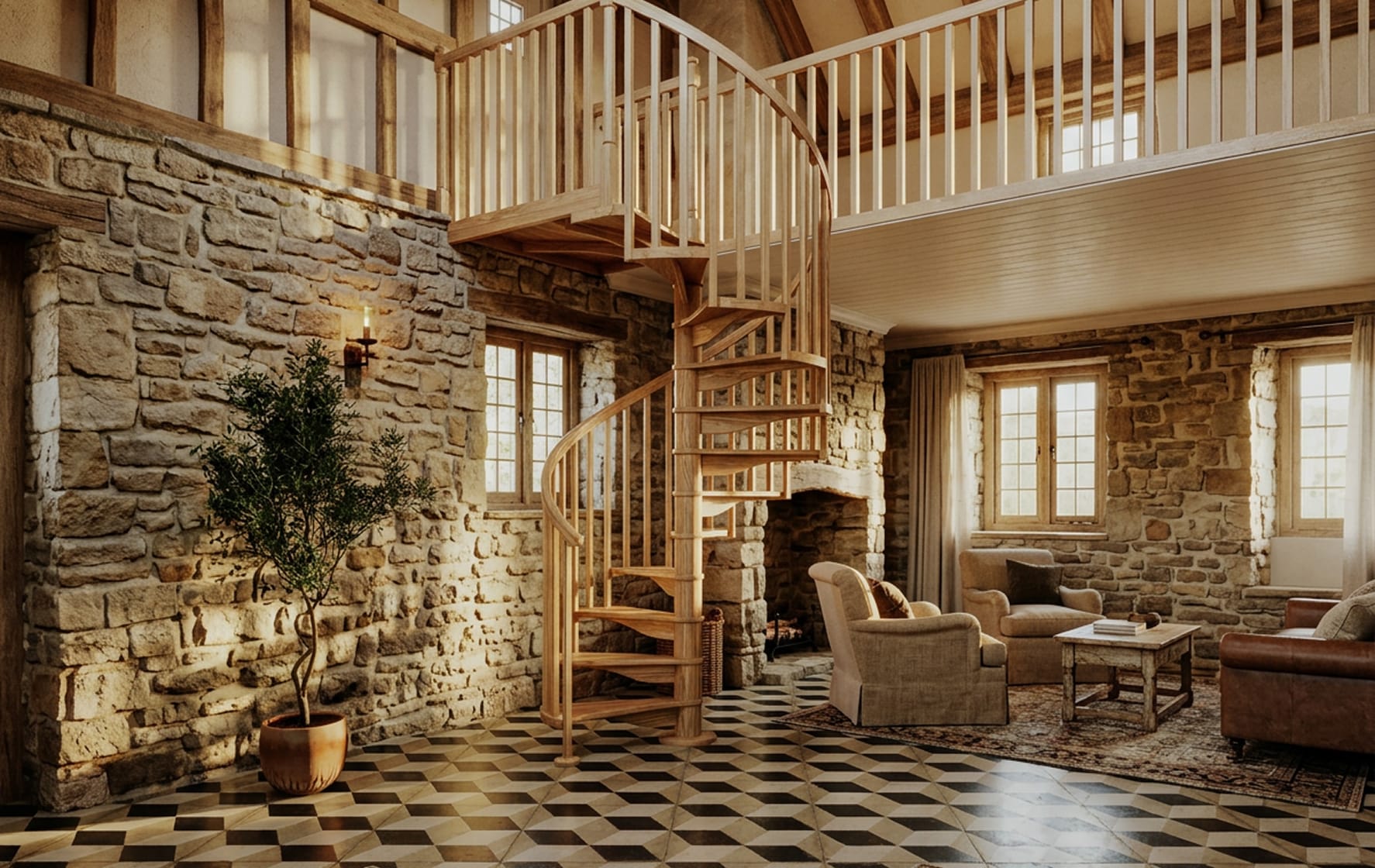 Wood spiral staircase with spindle railing, rising from a checkered tile floor to a loft in a stone farmhouse living room